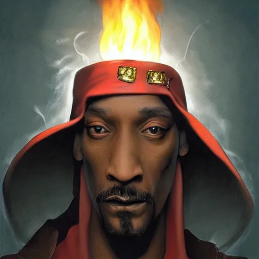 Image similar to Snoop dog wearing a cape in the ruins of the temple of old gods holding a torch in a defensive way, featured on artstation, dramatic, cinematic chiaroscuro, contrast light, digital art by Leyendecker and Norman Rockwell