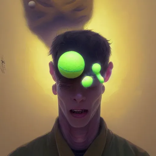 Image similar to highly detailed vfx portrait of a character of a tennis ball monster stephen bliss, chalk, unrealengine, greg rutkowski, loish, rhads, beeple, chalk, makoto shinkai and lois van baarle, ilya kuvshinov, rossdraws, tom bagshaw, basil gogos