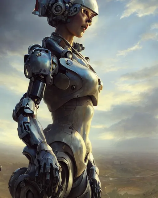 Image similar to daniel gerhartz and artgerm portrait digital rococo painting of a beautiful serious woman wearing a mecha suit, war torn battlefield in the background, glinting sunlight, unreal engine, hyper realism, realistic shading, cinematic composition, blender render, octane render, hdr, detailed textures, photorealistic, wide portrait shot, 3 5 mm film