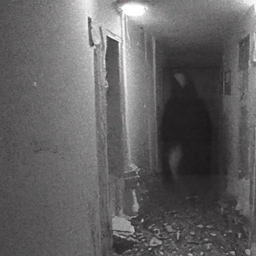 Image similar to hi - 8 night vision camera found - footage of a barely visible, human bipedal minotaur, shrouded in darkness at the end of an extremely dark, unlit hallway in a basement of an abandoned house