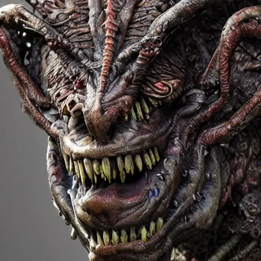 Prompt: photo taken of an epic intricate, ultra detailed, super realistic gritty, terrifying, lifelike bust sculpture of a demon hellspawn creature design created by weta workshop, zoomed in shots, photorealistic, sharp focus, cold colour temperature, f 0. 4, face centred