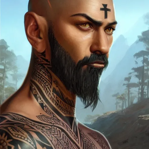 Prompt: a grey warrior man with tribal tattoos, sides of head shaved with black ponytail, black beard, realistic shaded, fine details, realistic shaded lighting poster by greg rutkowski, magali villeneuve, artgerm, jeremy lipkin and michael garmash and rob rey