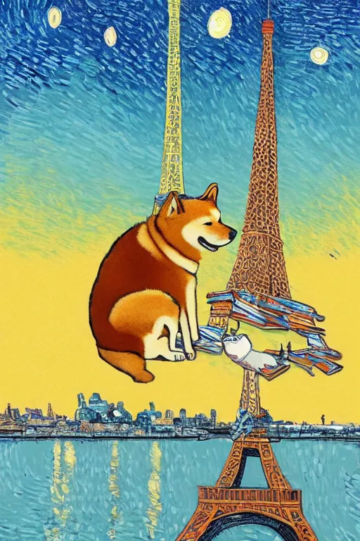 Image similar to a portrait of a shiba inu dinner date, in paris, france, with the eiffel tower in the background, in the style of van gogh and studio ghibli, artistic
