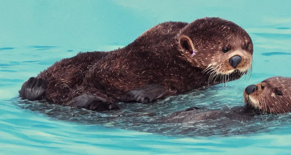 Prompt: cute northern sea otters floating in the sea, trending on artstation