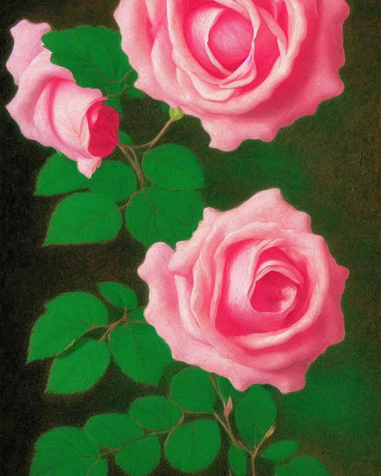 Prompt: achingly beautiful extreme close up painting of blooming pink rose on green background by rene magritte, monet, and turner. piranesi. macro lens.