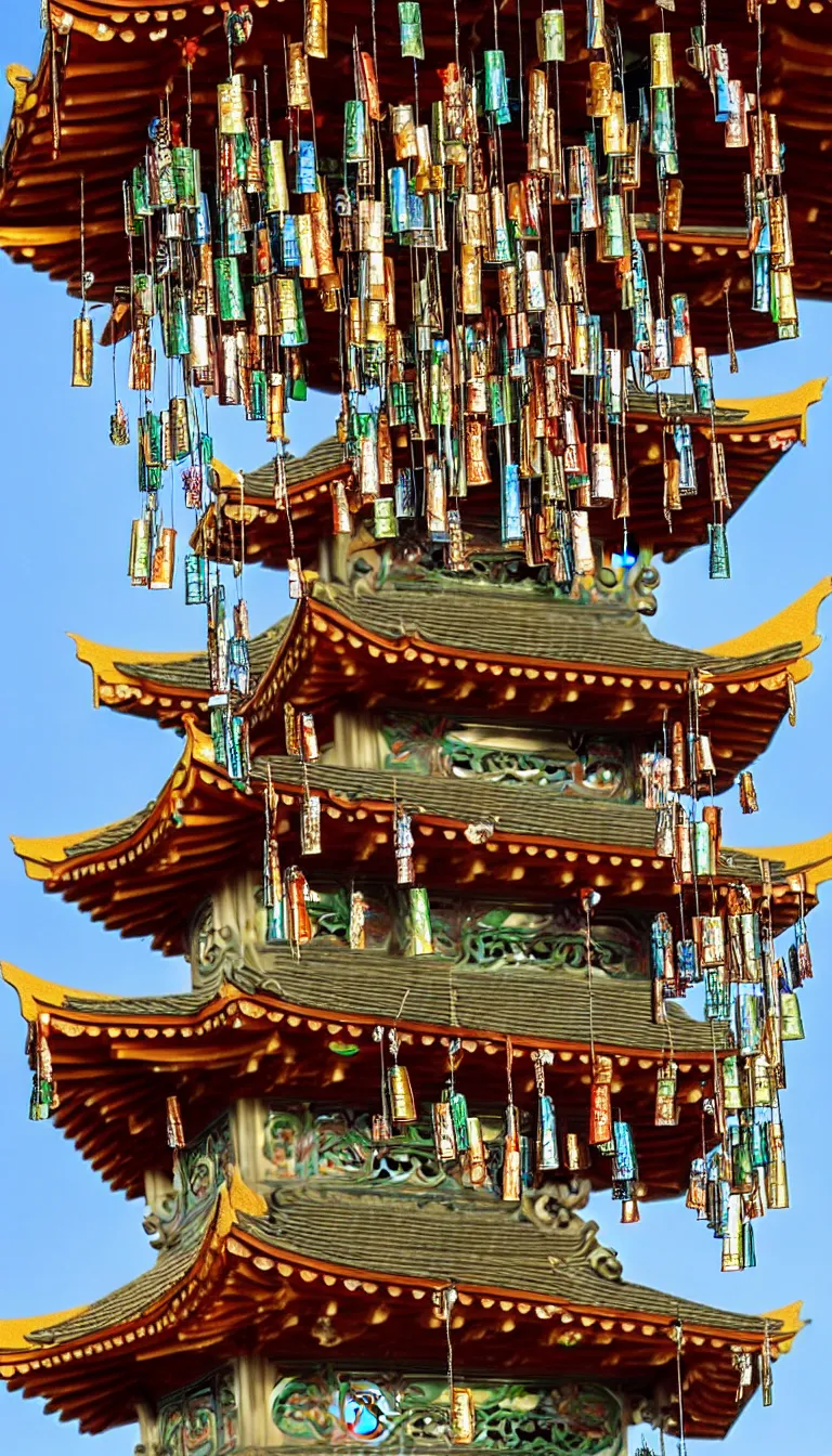 Prompt: pagoda with a lot of wind chimes, art