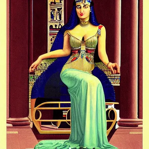 Image similar to Cleopatra sitting on her throne Egyptian architecture Monica Bellucci painted by Alberto Vargas