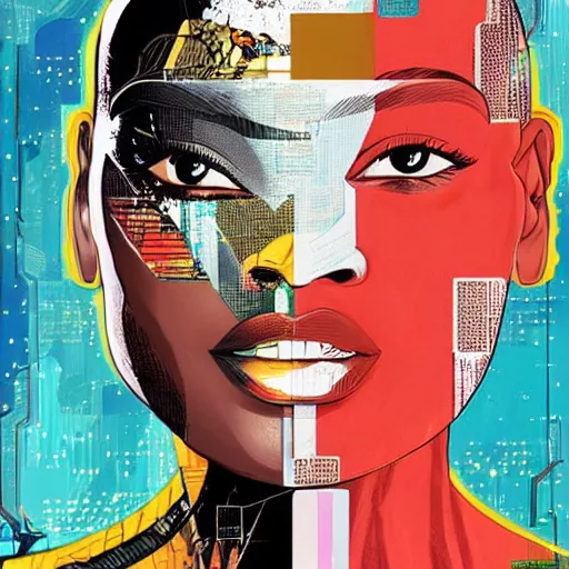 Image similar to portrait of a african female android, by MARVEL comics and Sandra Chevrier