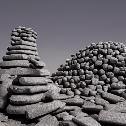 Prompt: sculpture made of piled stones, soda cans, minimal white room gallery, sunlit, photorealistic, 3 d rendering, higly detailed, minimalist, made with unreal engine, cgsociety