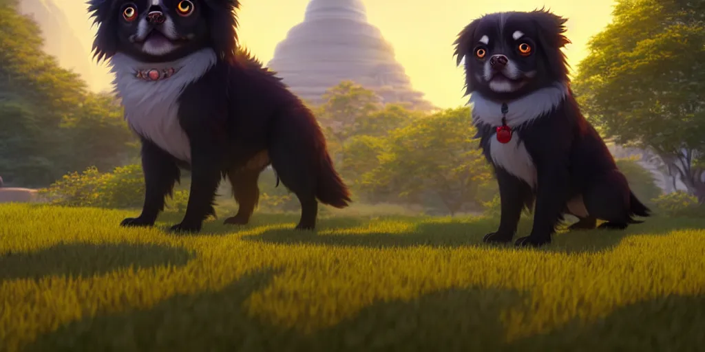 Image similar to a wholesome animation key shot of a black tibetan spaniel, thai temple in the background, studio ghibli, pixar and disney animation, sharp, rendered in unreal engine 5, anime key art by greg rutkowski, bloom, dramatic lighting