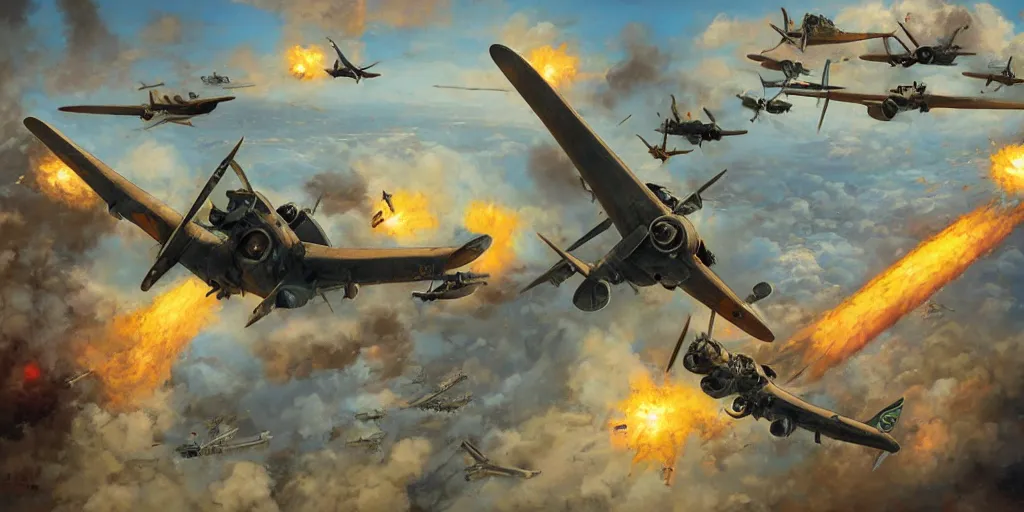 Prompt: airplane battle, ww2, world war 2, wide shot, by Jason Felix by Steve Argyle by Tyler Jacobson by Peter Mohrbacher