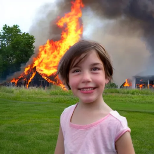 Prompt: wide angle medium - shot photobomb of a very young girl in the foreground with short straight hair, smirk smile at the camera. in the background, slightly out of focus, we see a burning house on fire. high resolution photograph