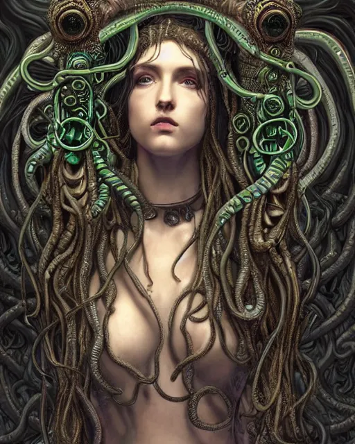 Prompt: Pre-raphaelite Perfectly-centered Hyperdetailed Hyper realistic symmetrical cinematic RPG portrait-illustration of a beautiful aetherpunk cyberpunk Medusa with glowing eyes in a black otherworldly dress and long ravepunk snakes for hair. She's near lovecraftian towers in a surreal landscape, style of epic sci-fi comic-book cover, 3D rim light, octane, artstation, cgsociety, smooth digital art, sharp focus