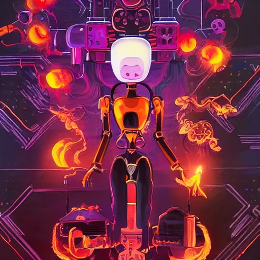 Image similar to Automaton, fire spirit, K-VRC, Love Death and robots, Pathfinder, Robot, Overload, art by Graey Erb, full shot, pop art