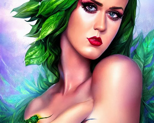 Prompt: hyper - realistic digital art, katy perry as a poison ivy, intense fan art, perfectly detailed, perfect human figure, comic book cover art, sharp, smooth, ultra fine detail, art by artgerm, wlop, rutkowski