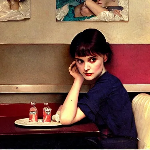 Prompt: young Winona Ryder at a diner, head and shoulders portrait, extremely detailed masterpiece, Roger Deakin’s cinematography, oil on canvas, Norman Rockwell.