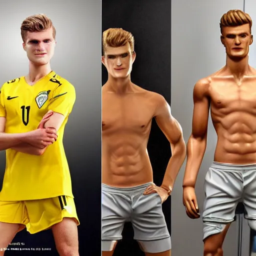 Prompt: a realistic detailed photo of a guy who is an attractive humanoid who is half robot and half humanoid, who is a male android, soccer players martin ødegaard & timo werner, shiny skin, posing like a statue, blank stare, in a factory, on display, showing off his muscles, gold soccer shorts, side view, repairing the other one