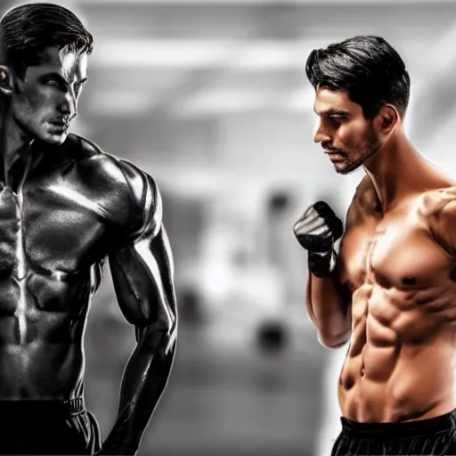 Image similar to a realistic detailed photo of a guy who is an attractive humanoid who is half robot and half humanoid, who is a male android, attractive and handsome jogger, shiny skin, posing like a statue, blank stare, in a factory, on display, showing off his muscles, wearing gym shorts, side view, looking at each other mindlessly