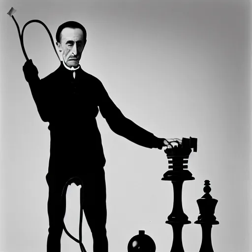 Image similar to a minimalist portrait of Marcel Duchamp holding computer cabled and chess piece in the style of Annie Leibovitz, Irving Penn, Hito Steyerl, Akira Kurosawa, Shinya Tsukamoto, wide angle, monochrome, futuristic tetsuo