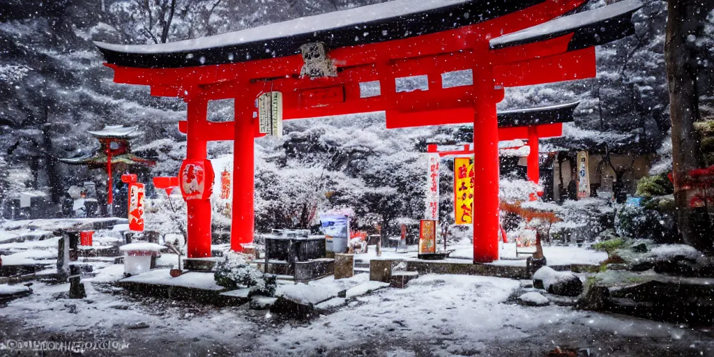 Image similar to a Japanese shrine, snowing, photograph, cyberpunk, sharp focus, intricate detail, drone shot, high resolution, 8k, neon streetlights, wires hanging down everywhere, Japan, colourful,,