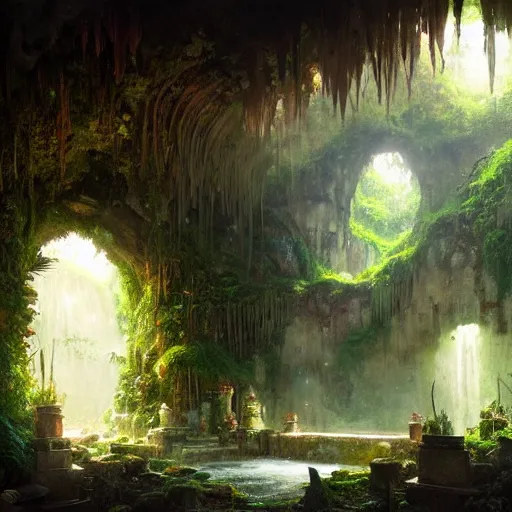 Image similar to bathhouse hidden in a cave, natural light, lush plants and flowers, elegant, intricate, fantasy, atmospheric lighting, by Greg rutkowski