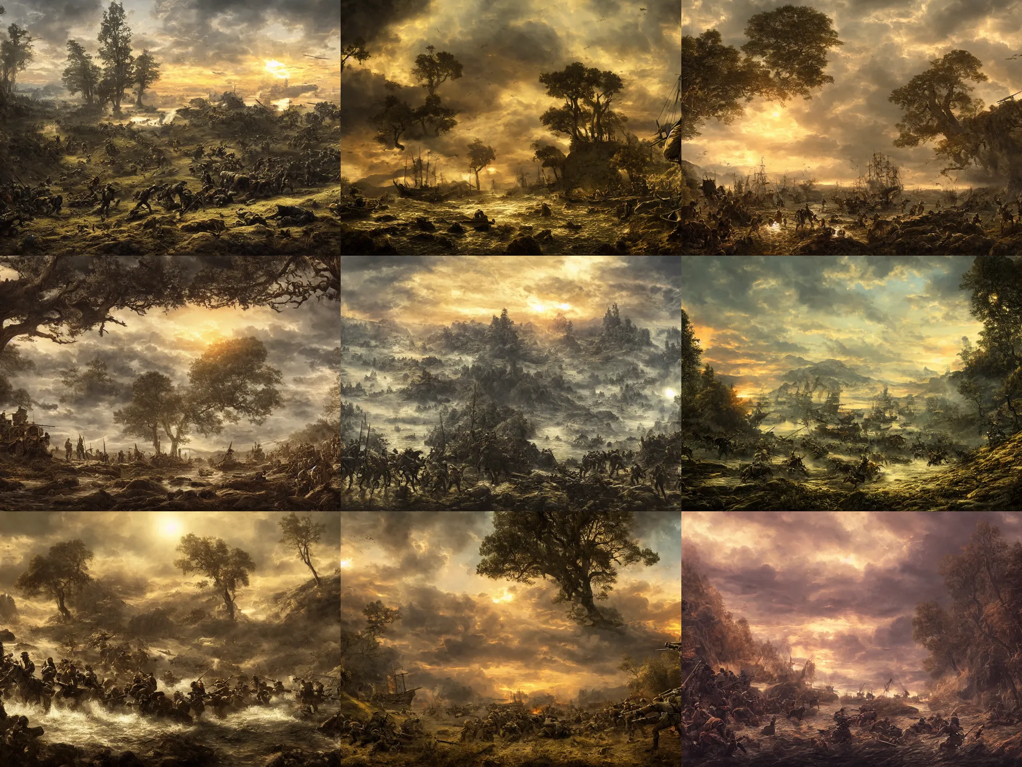 Prompt: a beautiful large battle scene with victorian decorations and flourishes, old style guns but modern warfare, muted colors, wide - angle, very detailed, clif, trees, water, sunset, abstract