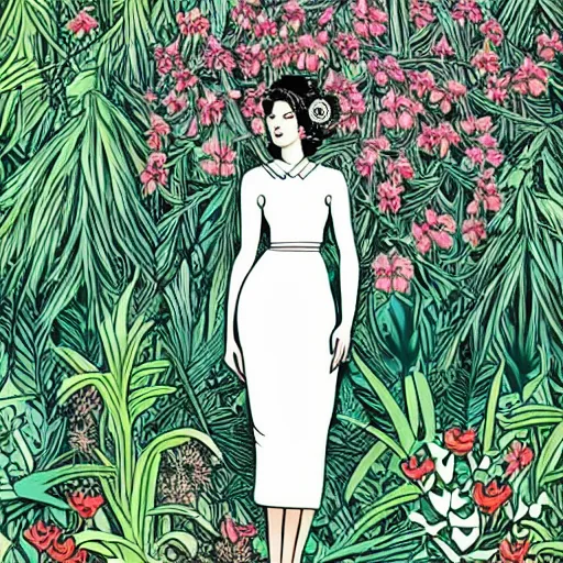 Prompt: elegant woman, white dress, dense jungle, trees, huge flowers, risograph!, omnious, dark, oldschool vintage sci - fi flat surreal design, super - detailed, art nouveau, hd, 4 k, high quality