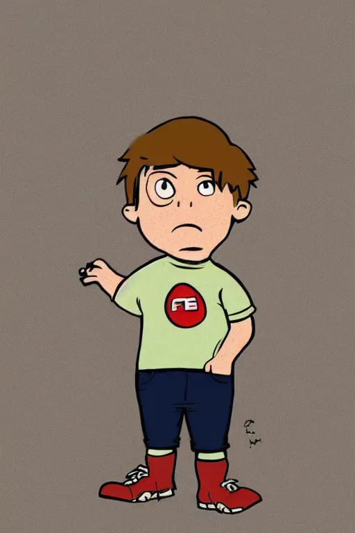 Image similar to Full body portrait of a short!, overweight!! teenage boy, medium length brown hair and fringe, eyes half closed, mouth open, not intelligent, standing in road, cartoon by Jamie Hewlett, cel shaded, Trending artstation, deviantart, digital art