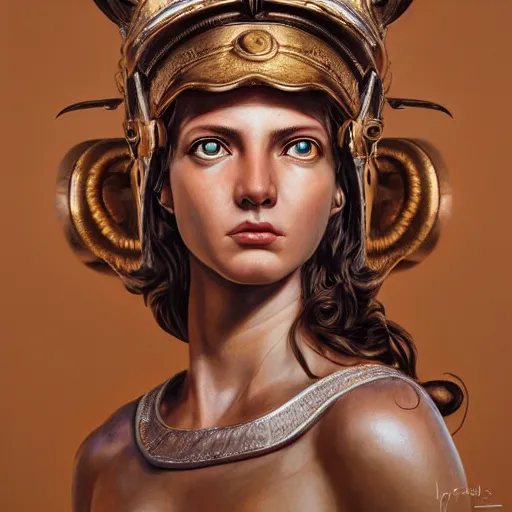 Image similar to hyperrealistic mixed media painting of beautiful goddess Athena, stunning 3d render inspired art by P. Craig Russell and Barry Windsor-Smith, perfect facial symmetry, dim volumetric lighting, 8k octane beautifully detailed render, post-processing, portrait, extremely hyper-detailed, intricate, epic composition, brown brown brown brown brown brown eyes, realistic realistic realistic eyes, cinematic lighting, masterpiece, trending on artstation, detailed detailed detailed, masterpiece, stunning