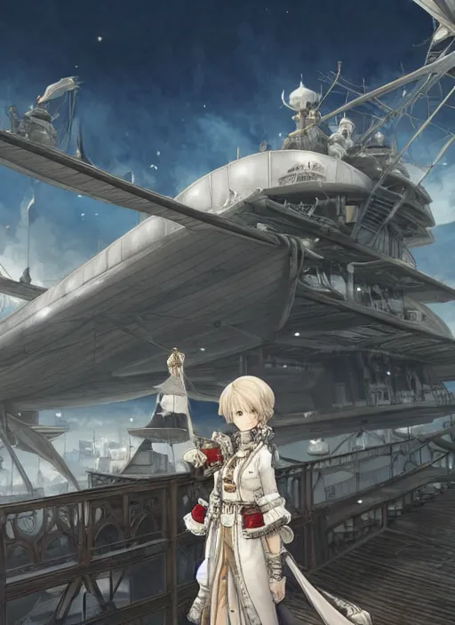 Prompt: character portrait of the white herald on the deck of an imperial airship in the sky, hidari, color page, tankoban, 4K, tone mapping, Akihiko Yoshida.