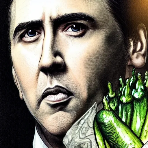 Prompt: nicholas cage as an anthropomorphic pickle, dark-hair, intricate, elegant, highly detailed, smooth, sharp focus, detailed face, high contrast, dramatic lighting, graphic novel, art by Ardian Syaf and Michael Choi