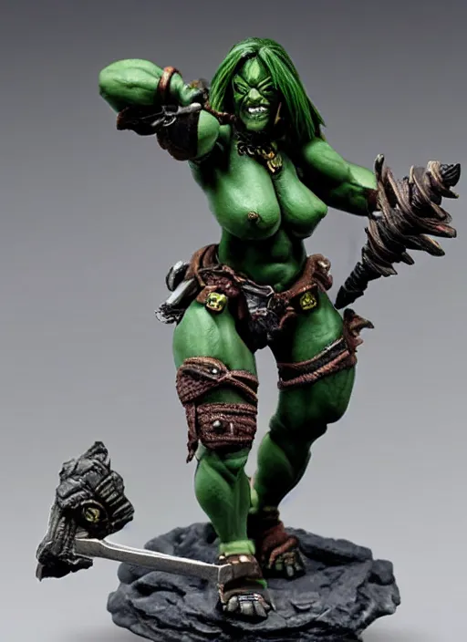 Prompt: Image on the store website, eBay, Detailed Miniature of a muscular female Orc Warrior with dark green skin .