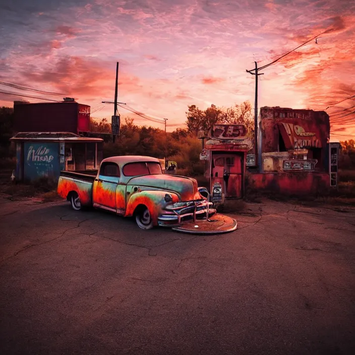 Image similar to a sunset light landscape with historical route 6 6, lots of sparkling details and sun ray ’ s, blinding backlight, smoke, volumetric lighting, colorful, octane, 3 5 mm, abandoned gas station, old rusty pickup - truck, beautiful epic colored reflections, very colorful heavenly, softlight