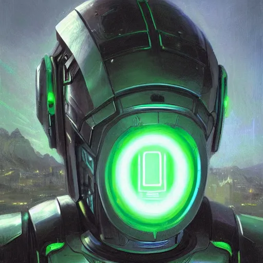 Image similar to robot with glowing green visor as a realistic scifi cyberpunk knight, closeup portrait art by donato giancola and greg rutkowski, realistic face, digital art, trending on artstation, symmetry!!!