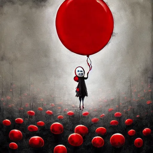 Image similar to grunge painting of underneath hell with a wide smile and a red balloon by chris leib, loony toons style, pennywise style, corpse bride style, horror theme, detailed, elegant, intricate, conceptual, volumetric light