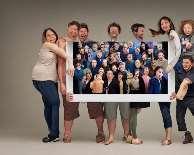 Prompt: photo of an impossible large human family, optical illusion, studio photo