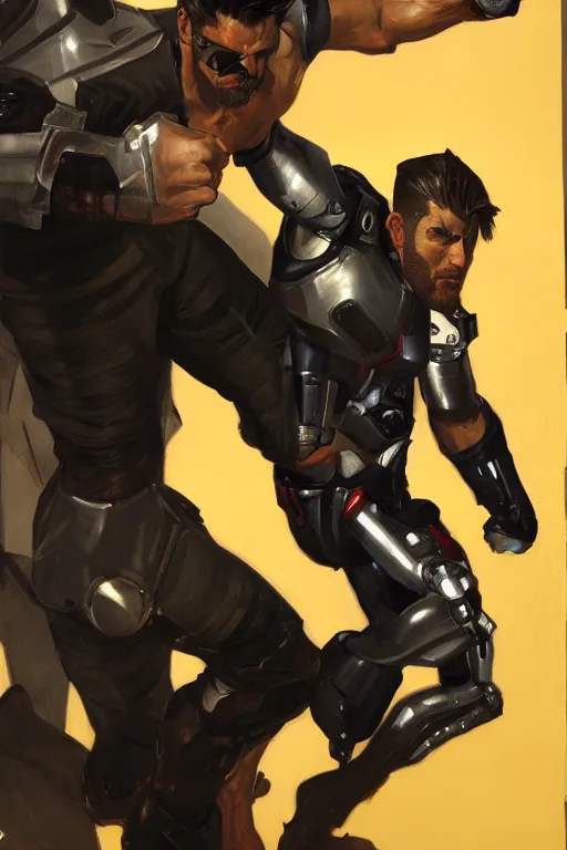 Prompt: a study of Adam Jensen punching a cyborg, gouache painting by J. C. Leyendecker and steve huston