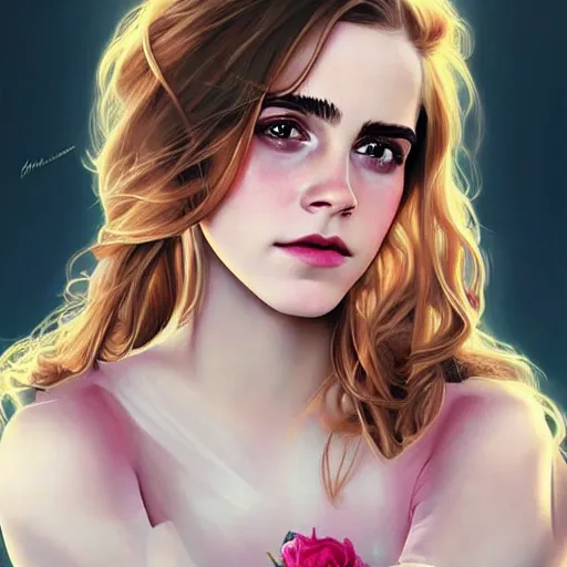 Image similar to dream portrait of Emma Watson, dreamy and ethereal, expressive pose, big pink eyes, exciting expression, fantasy, intricate, elegant, many rainbow bubbles, rose tones, highly detailed, digital painting, artstation, concept art,cyberpunk wearing, smooth, sharp focus, illustration, art by artgerm and greg rutkowskiand alphonse mucha,Salvador Dali.