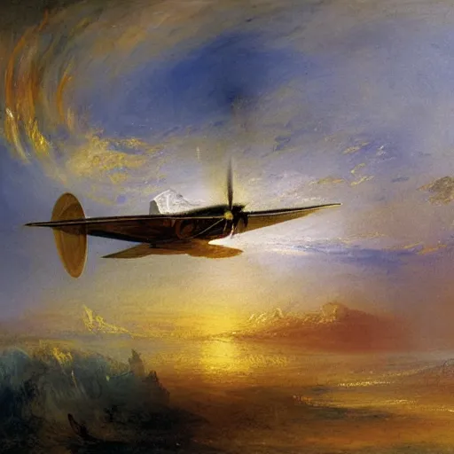 Prompt: painting by J M W Turner of an aeroplane