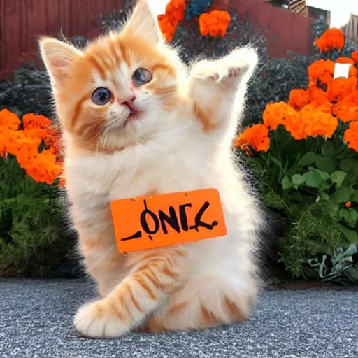 Image similar to cute fluffy orange tabby kitten with a sign that says