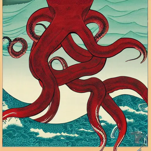 Prompt: CGI of giant octopus overlayed on ocean ukiyo-e background