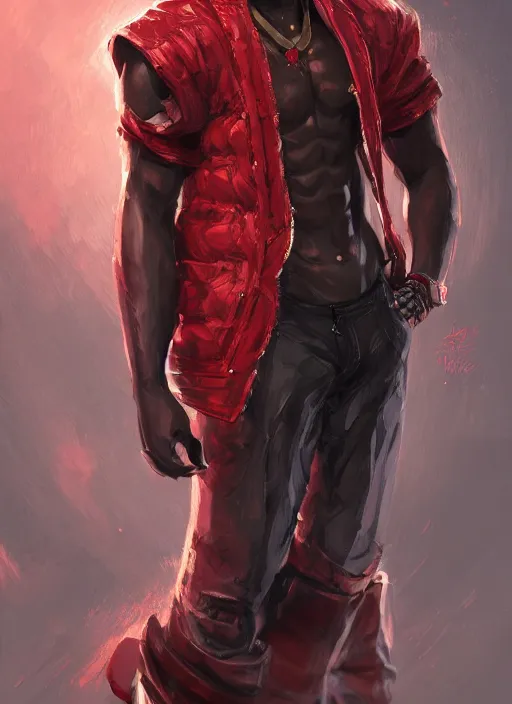 Image similar to a highly detailed illustration of attractive young african guy with flat top hair wearing red jacket, dramatic standing pose, intricate, elegant, highly detailed, centered, digital painting, artstation, concept art, smooth, sharp focus, league of legends concept art, wlop