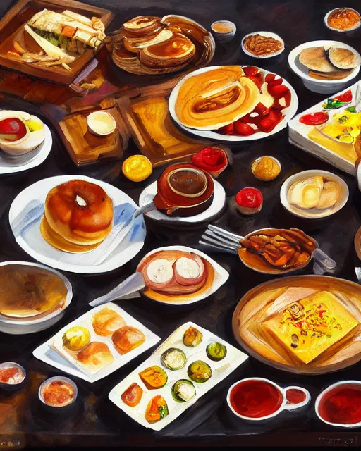 Image similar to a painting of a table full of breakfast foods, concept art by taro yamamoto, pixiv contest winner, auto - destructive art, official art, concept art, pixiv