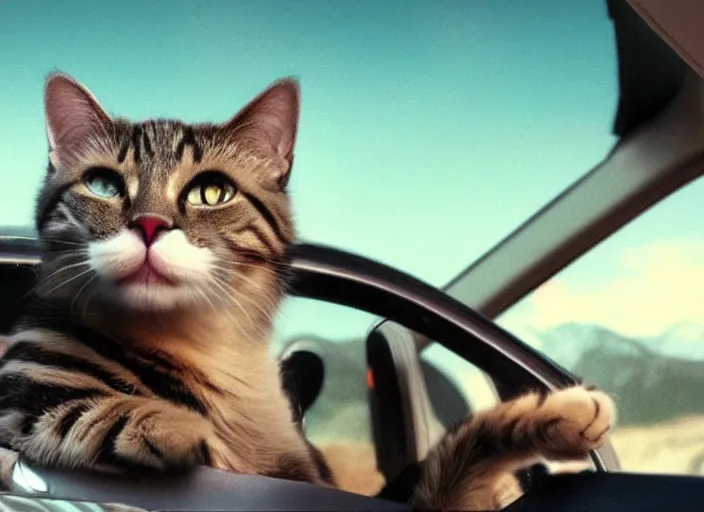 Image similar to A very high resolution image from a new movie, a cat driving a car around, inside of a car , mountains, Polaroid, directed by wes anderson