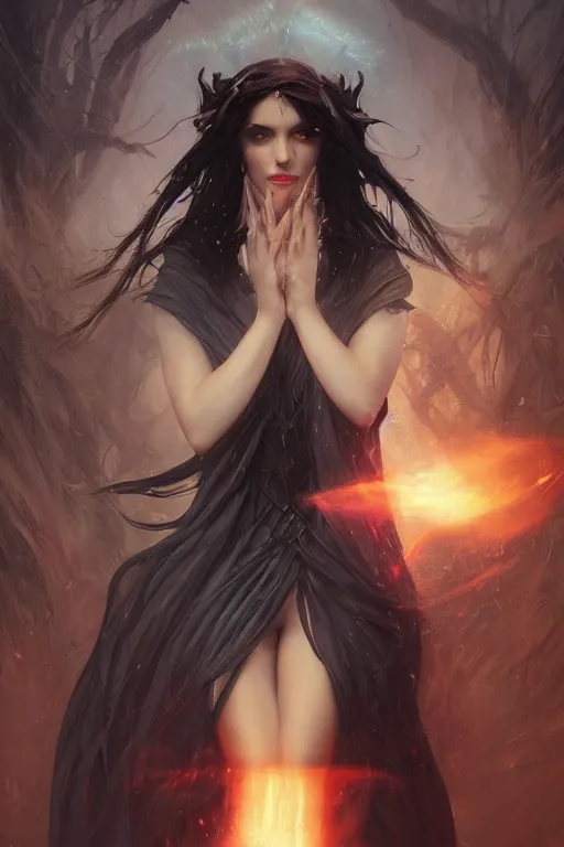 Prompt: seductive looking sorceress prays!!! magic the gathering, windy hair!, surreal dark fantasy, cinematic volumetric lights, portrait, dnd, intricate, elegant, highly detailed, digital painting, artstation, concept art, smooth, sharp focus, illustration, art by artgerm and tom bagshaw and greg rutkowski and alphonse mucha