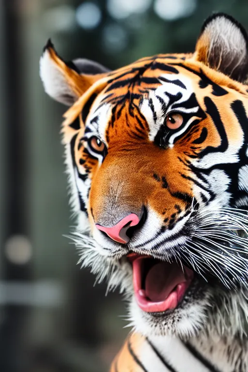 Image similar to high quality presentation photo of a tiger dressed in a dark business suit and tie, Anthropomorphic, photography 4k, f1.8 anamorphic, bokeh, 4k, 85mm lens