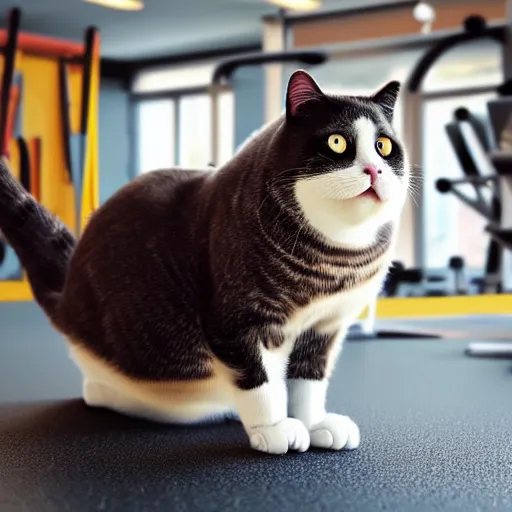 Image similar to a very fat cat doing exercises at the gym, photorealistic, hd