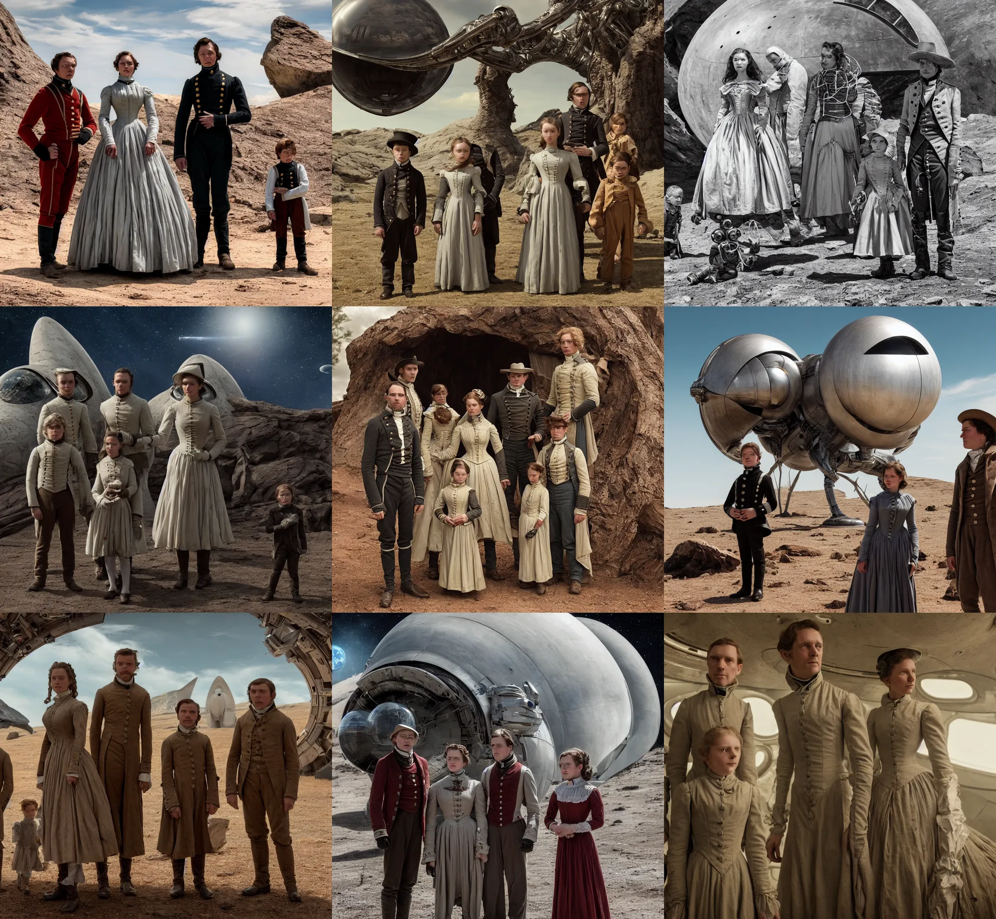 Prompt: sharp, highly detailed, film from a 2 0 1 9 sci fi 1 6 k movie, set in 1 8 5 0, a family standing in front of their spaceship that has just landed on an alien planet, wearing 1 8 5 0 s clothes, good lighting, in focus, reflective eyes, 3 5 mm macro lens, live action, nice composition