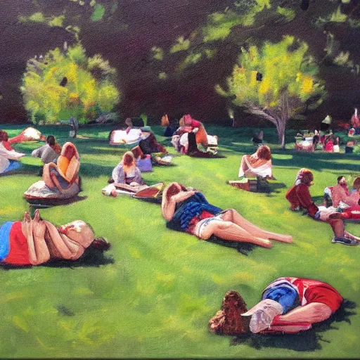 Prompt: people resting on the grass, painting by jennifer pochinski