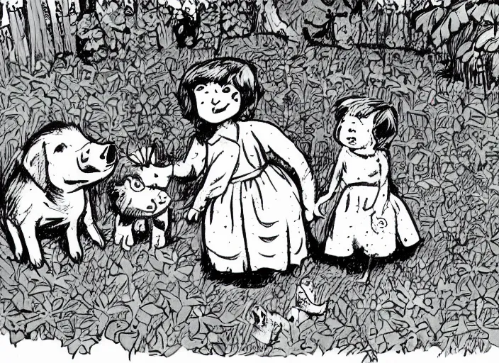 Prompt: antifa girl and a piglet and a duchess and a baby dalmatian hanging out in a garden. vintage comic style drawing